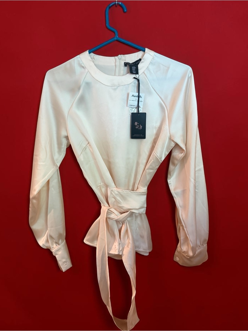 Sincerely Jules Cream Satin Tie-Waist Long Sleeve Blouse
